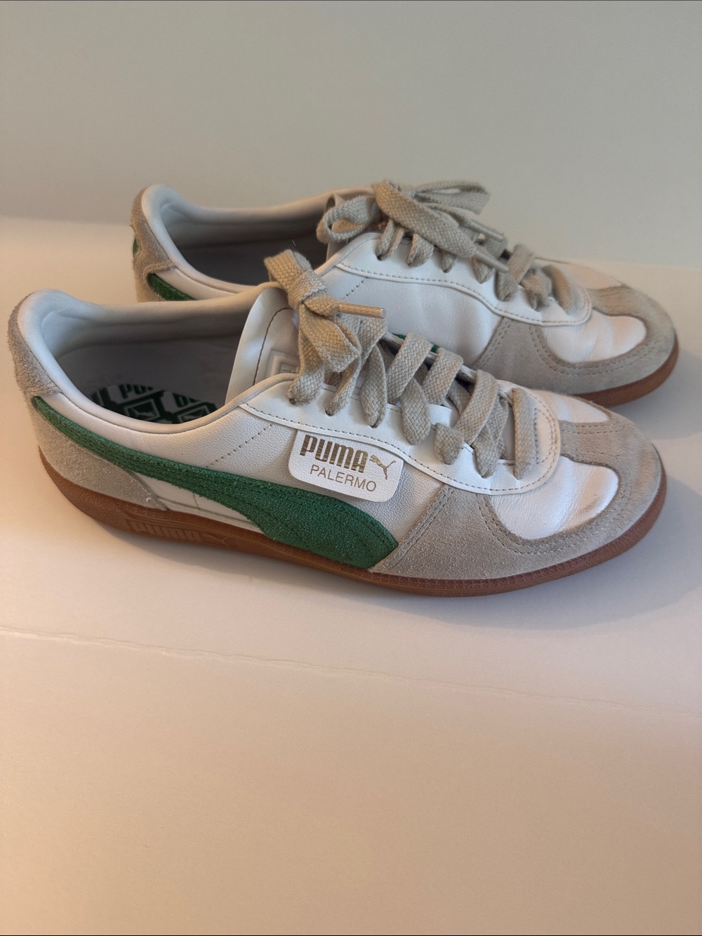 Puma Palermo Low-Top Sneakers in White, Green, Tan